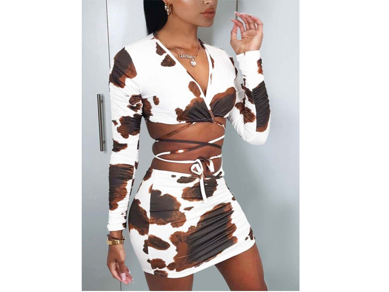Women's Lovely Casual Cow Grain Bandage Hollow-out Design Two Piece Skirt Set