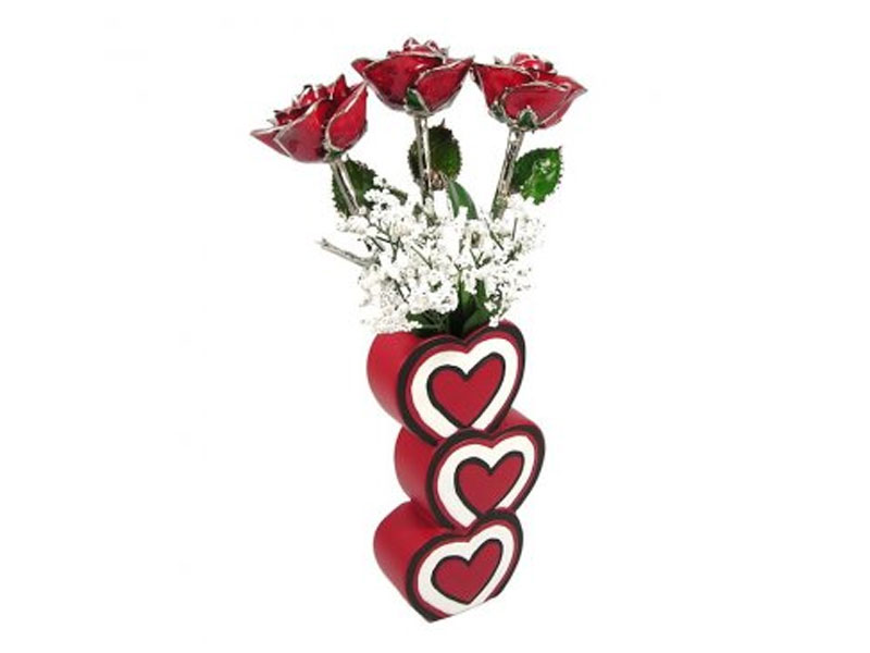 Past Present Future Silver Trim Roses & 3 Heart Vase