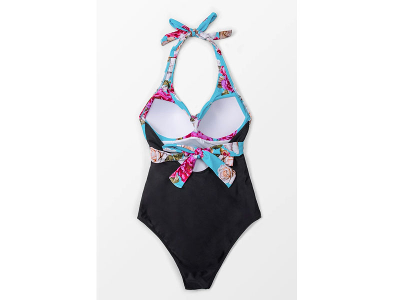 Floral and Black Halter One Piece Swimsuit For Women