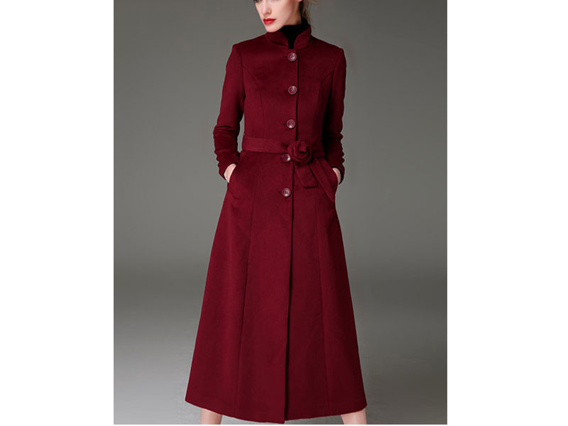 Women's Long Sleeves Button Up Sash Winter Coat