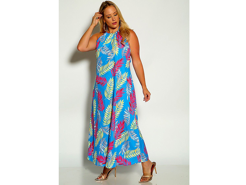 Women's Blue Fuchsia Halter Leaf Print Maxi Dress