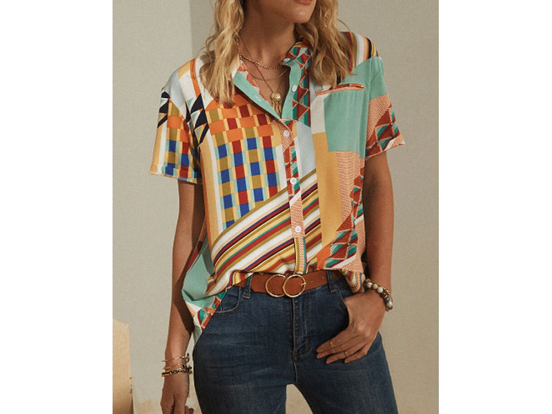 Women's Striped Geometric Printed Stand Collar Short Sleeve Button Blouse