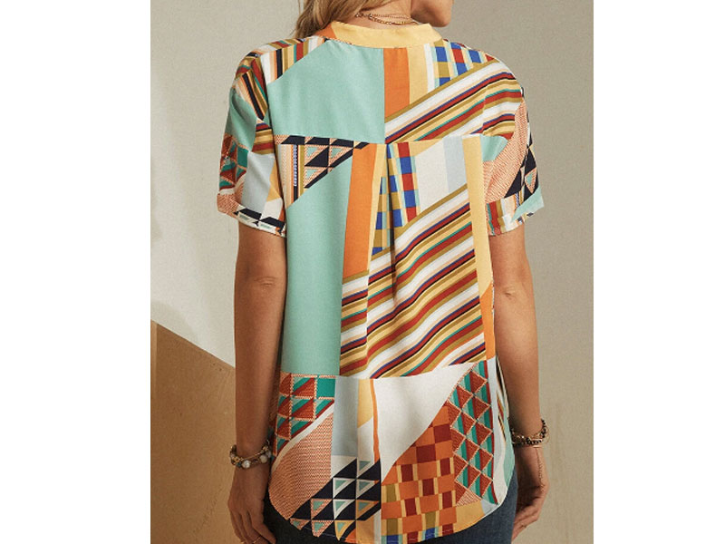Women's Striped Geometric Printed Stand Collar Short Sleeve Button Blouse