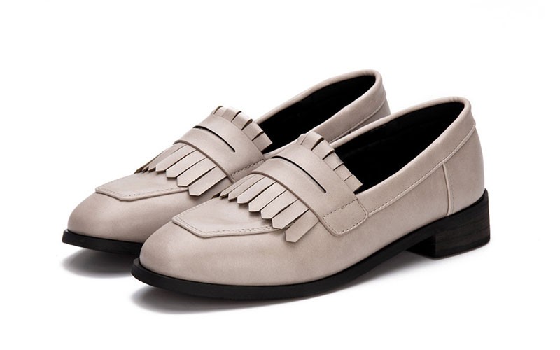 Apricot Leather Look Fringed Toe Chunky Heel Slipon Loafers