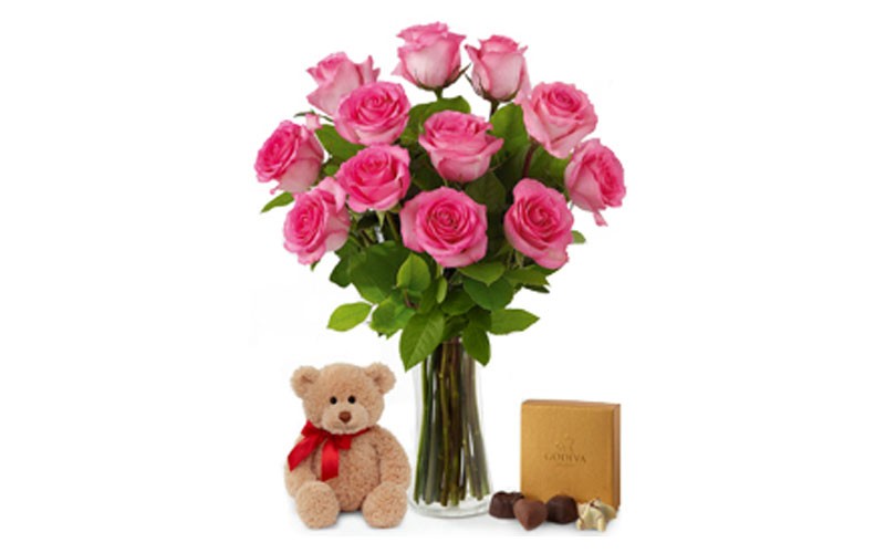 Pink Roses With Bear & Godiva