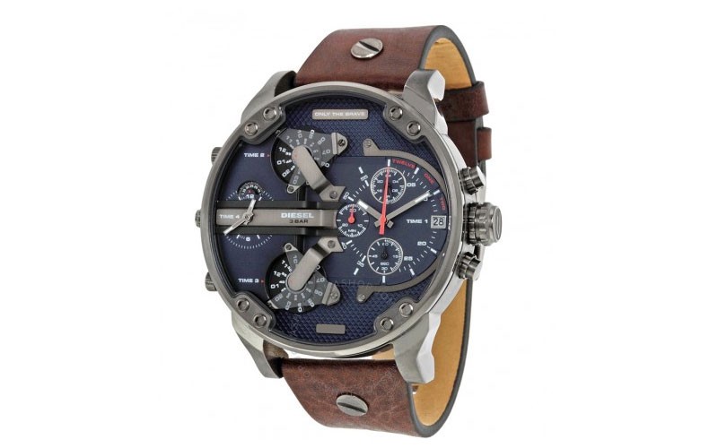 Diesel Mr Daddy Dual Time Chronograph Navy Blue Dial Leather Mens Watch