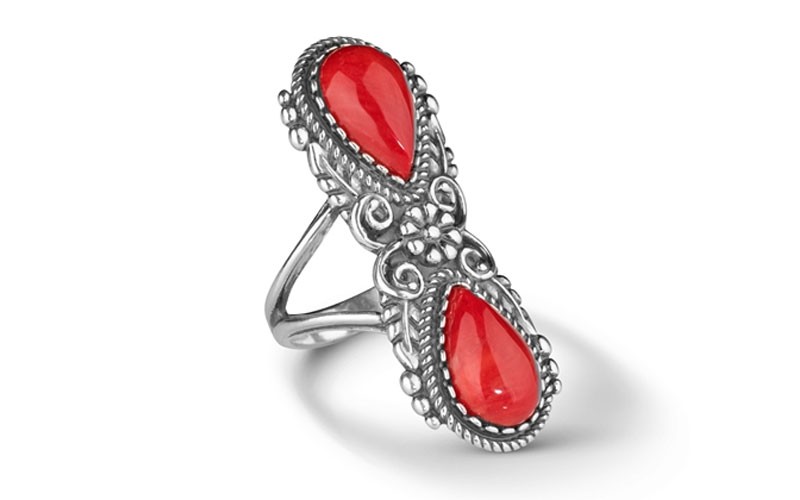 Sterling Silver Red Coral Elongated Ring