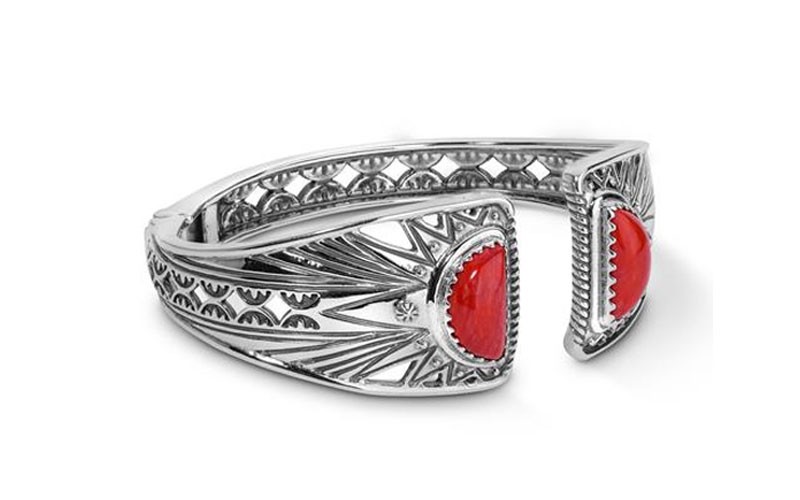 Sterling Silver & Red Coral Hinged Cuff Bracelet