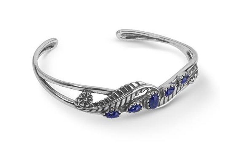 Sterling Silver & Lapis Five Stone Leaf Design Cuff Bracelet