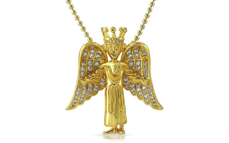 Crowned Angel Wings Mini Cz Gold Pendant For Men