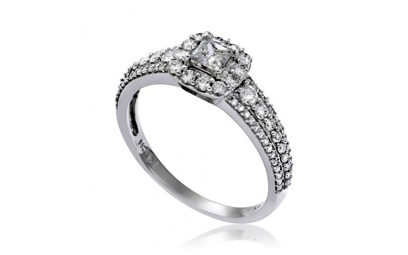 1 CT Princess and Round Diamonds TW Fashion Ring 14k White Gold 