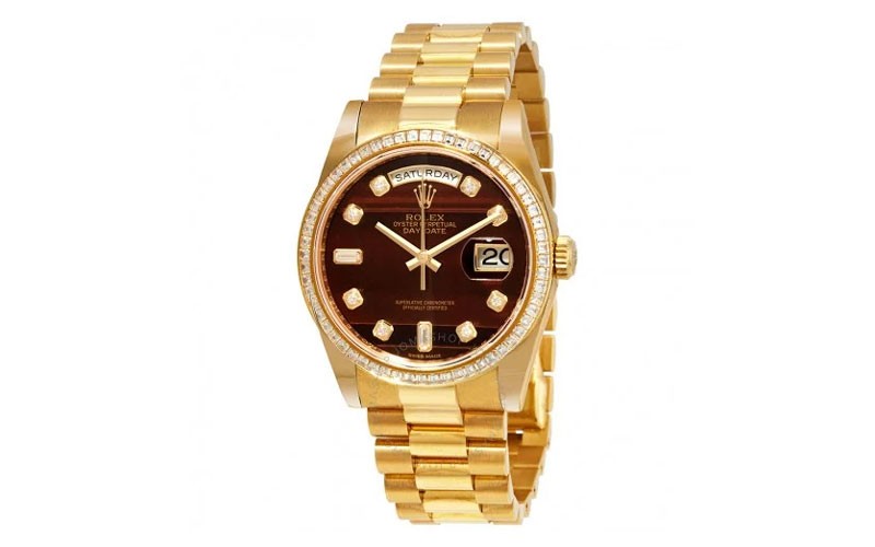 Rolex Day-Date Chocolate Bulls Eye Diamond Dial Automatic Men's 18kt Gold Watch