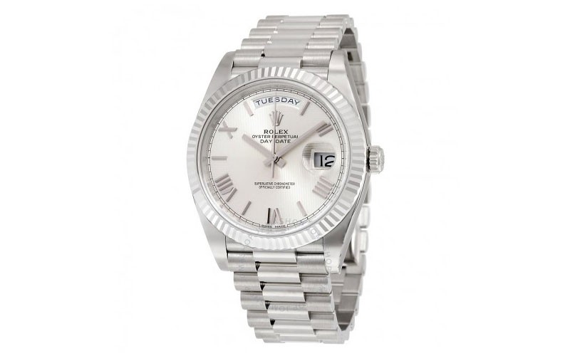 Rolex Day-Date 40 Silver Quadrant 18K White Gold President Automatic Mens Watch