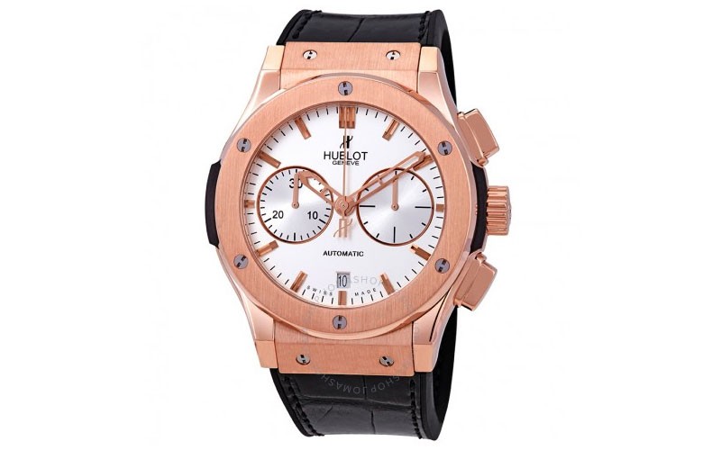 Hublot Classic Fusion Silver Dial Chronograph 18kt Rose Gold Black Mens Watch