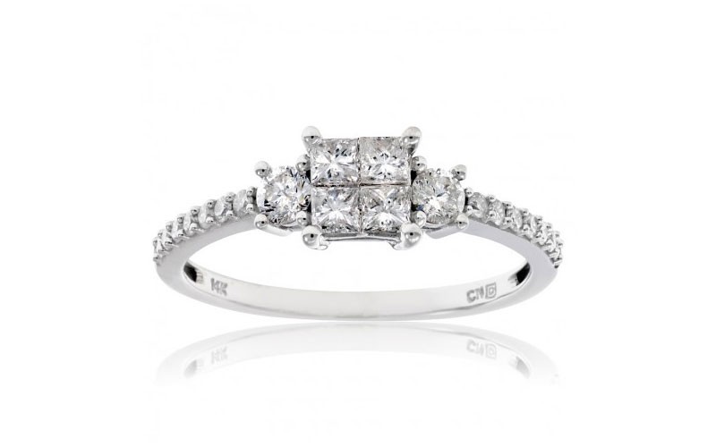 Amour 3/4 CT Princess and Round Diamonds TW Engagement Ring 14k White Gold GH I2