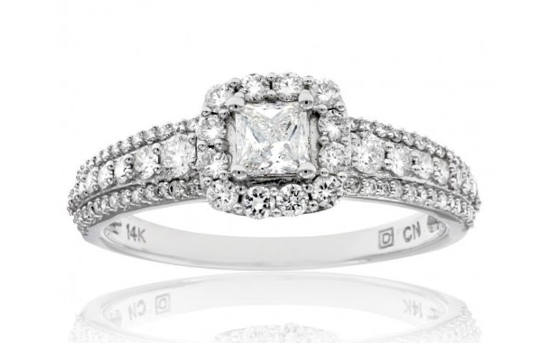 Amour 1 CT Princess and Round Diamonds TW Fashion Ring 14k White Gold GH I1;I2 S