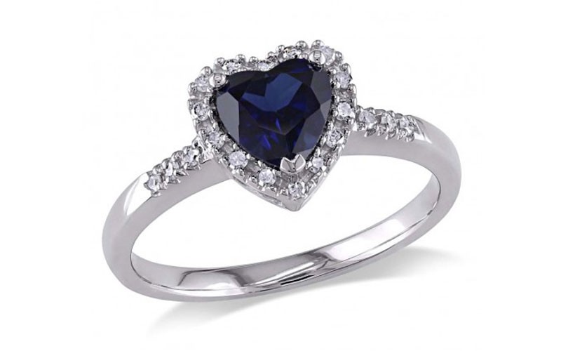 Armour Heart Sapphire Diamond 10K White Gold Engagement Ring Size 6