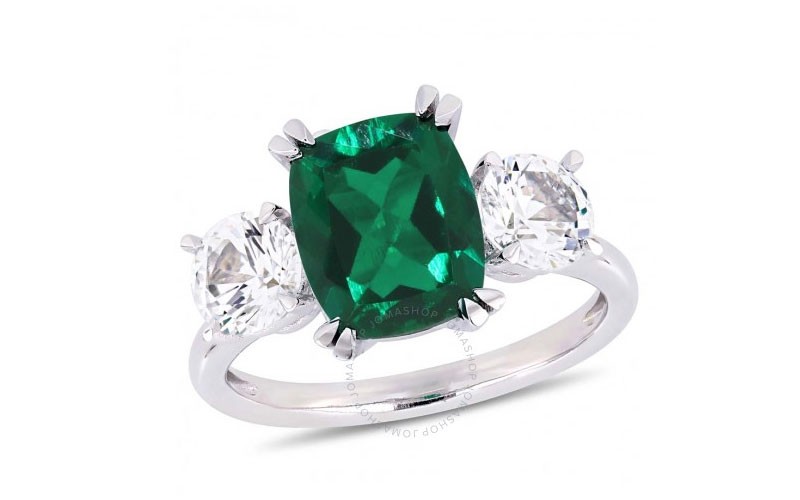 Amour 4 CT TGW Cushion-Cut Created Emerald and Created White Sapphire Three-Sto