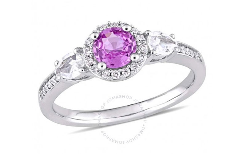 Amour Pink & White Sapphire 3-Stone Engagement Ring with Diamond Halo in 14k