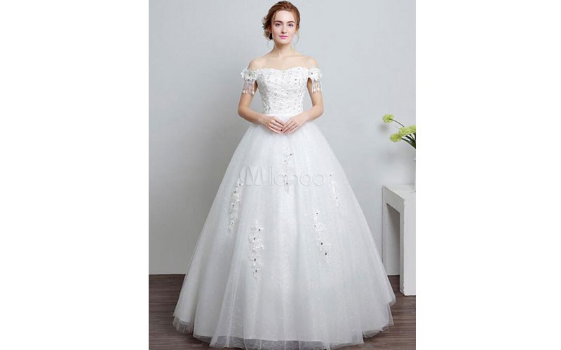 Ivory Wedding Dress Off The Shoulder Lace Ball Gown Beaded Floor Length Bridal