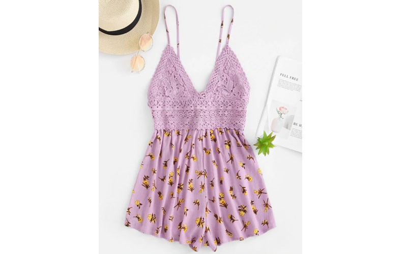Zaful Crochet Panel Knotted Floral Loose Romper Purple M