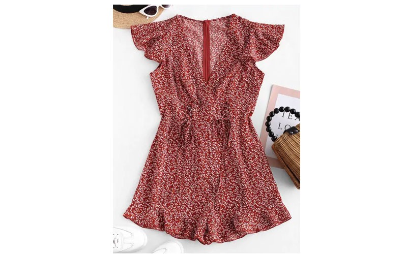 Zaful Lace Up Tiny Floral Surplice Romper Chestnut Red S